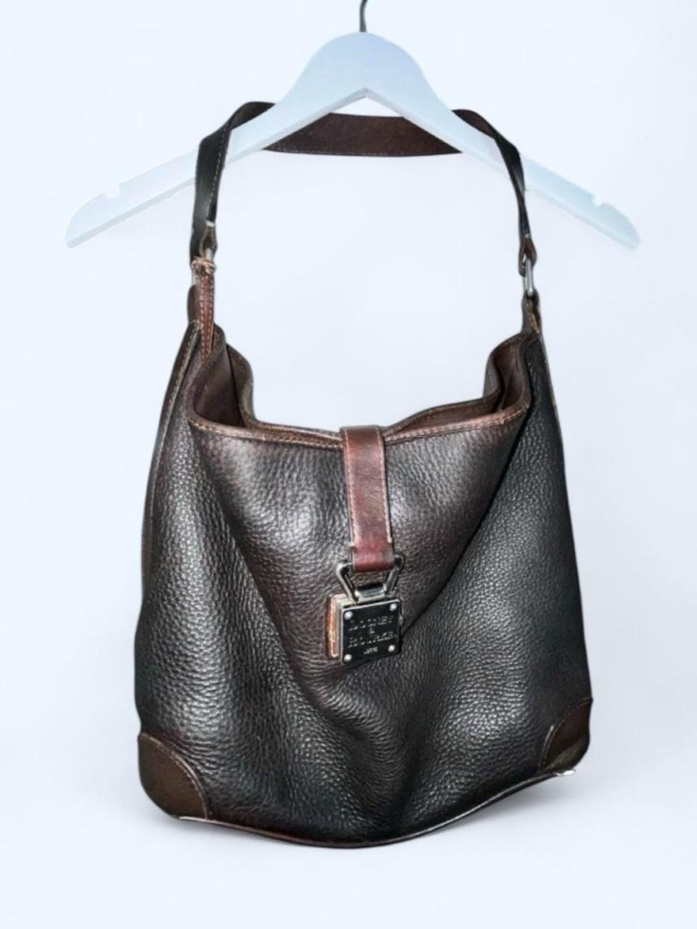 Dooney & Bourke Dark Brown Leather Hobo Bag with Front Strap Detail
